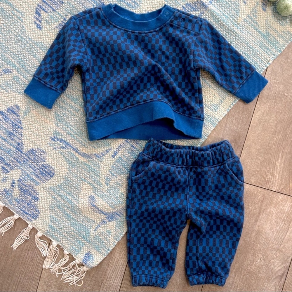 Cat & Jack Baby Boy’s Blue Black Checkered Sweatpants Sweatshirt Lounge Outfit